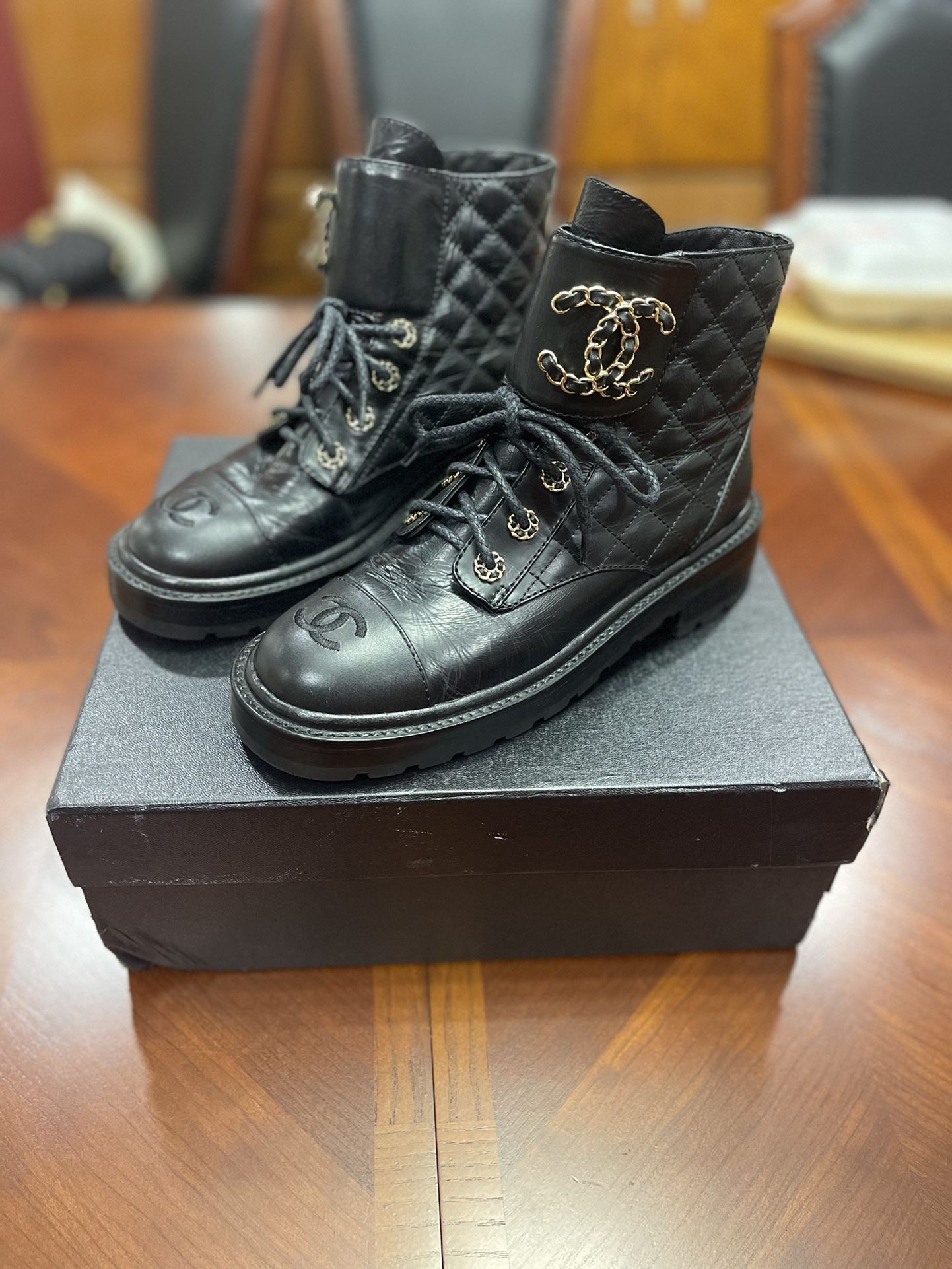 Chanel Black Leather And Knit Fabric Sock Combat Boots Size 38 Chanel