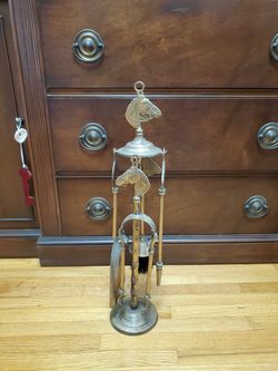Vintage Brass Fireplace Tool Set Horse Lover Set With Bamboo Look Stand: Shovel, Scraper, Poker, Brush