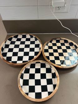 Checkered Wood Serving Trays/Bowl Set of 3