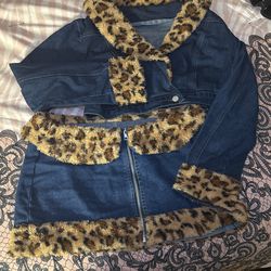 Cropped Cheetah Denim Jacket & Skirt Set