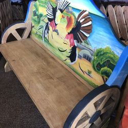 New Artisan Wood Bench  Roosters 🐓 Fighting  Gallo Rustic Banco 4ft 1” W brought from Mexico
