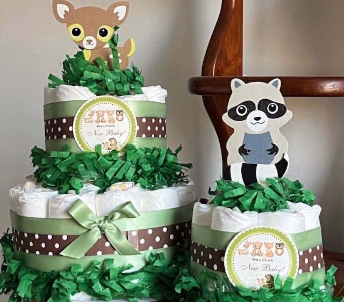 FOREST ANIMALS WOODLAND Creatures deer raccoon baby shower diaper cakes gifts