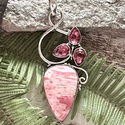 Rhodochrosite & Pink Topaz Gemstone 2.8” Silver Pendant