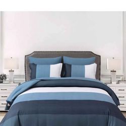 King Size Navy Blue Striped Comforter Set  7 Pieces Navy Patchwork Bed in a Bag