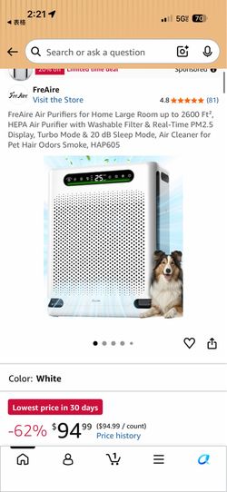 FreAire HAP605 HEPA Air Purifier for Large Rooms Up to 2600 Sq Ft (White)