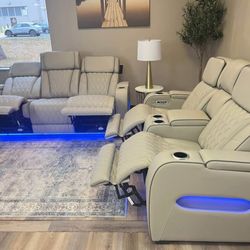 Luxury Light Gray Genuine Leather Power Reclining Sofa And Loveseat 