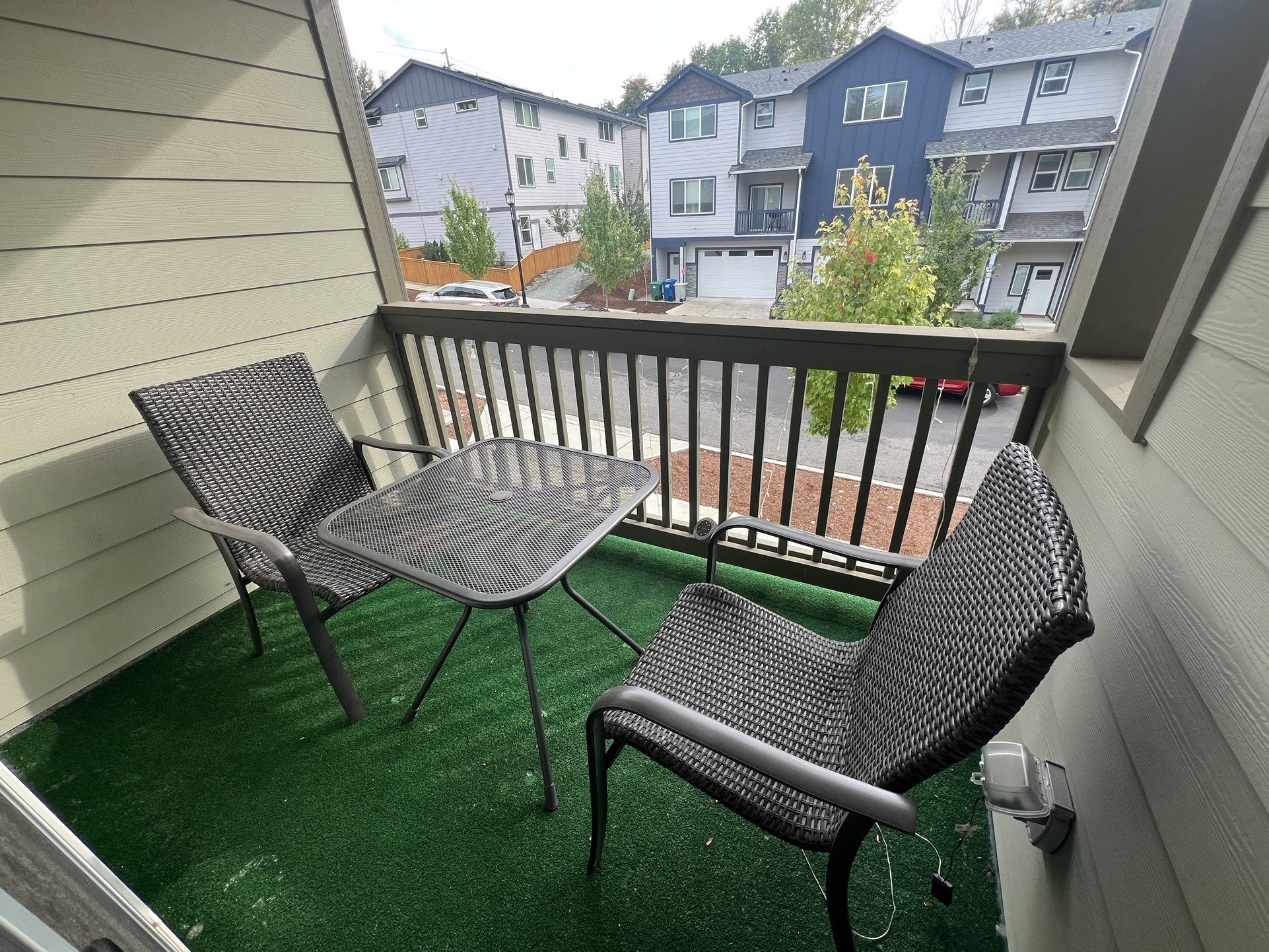 3-Piece Patio Set - 2 Wicker Armchairs + Steel Mesh Table (Umbrella Hole)