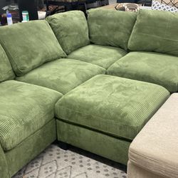 99x99 Sage Corduroy Sectional Couch / Free Delivery 