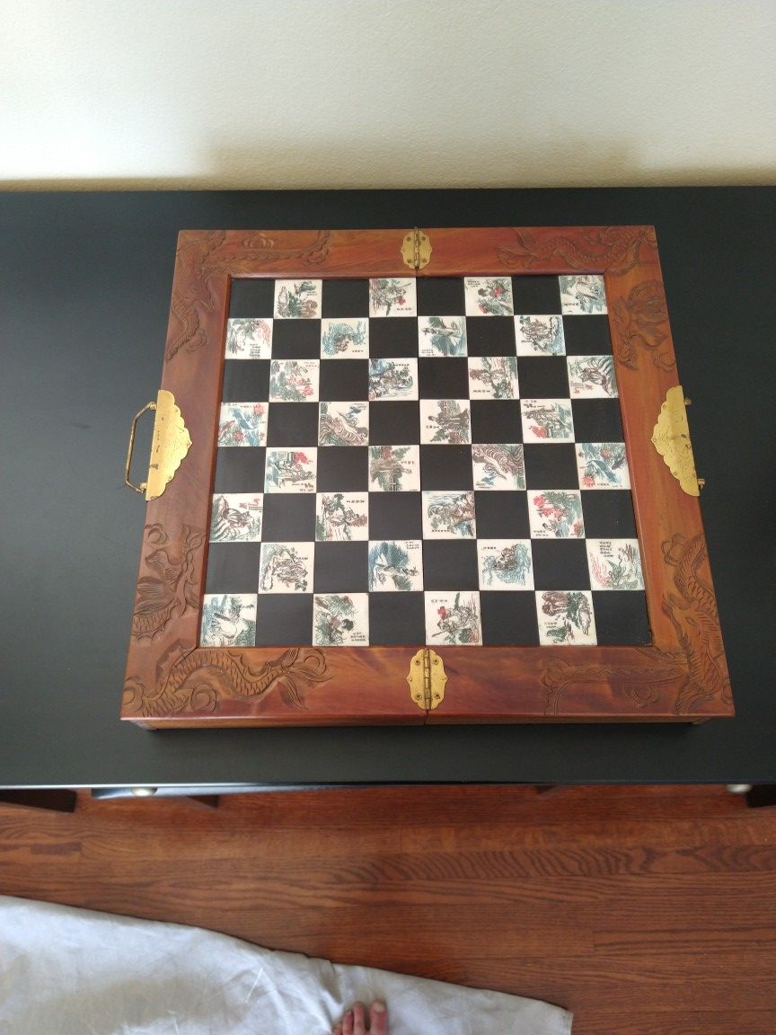Chinese Asian Figure Chess Board Tile Game Set Soap Stone Pieces Wood Dragon Case