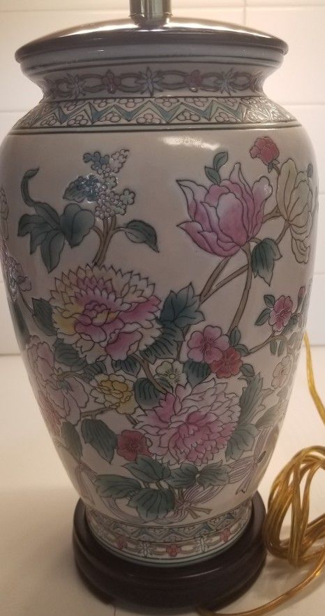 Vintage mid 20th century Chinoiserie floral lamp Hand Painted