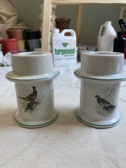 Vintage Set of 2 porcelain pheasant birds Votive Candlestick holders Japan