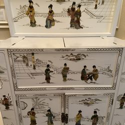 Oriental White Mother Of Pearl Chest Bar Console Cabinet