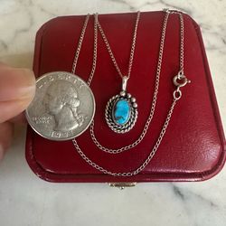 Vintage 925 Sterling Silver Natural Turquoise, Native Am. Necklace , 20 in 925 chain , not hallmarked tested , small pendant