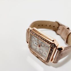 Rose Gold Women's Watch Square Quartz Rhinestones Leather Band- New Battery