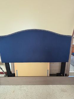 Queen Size Navy Blue Upholstered Headboard with Brushed Silver Tacks
