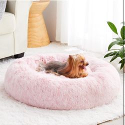 Calming Dog Bed Cat Bed Donut, Faux Fur Pet Bed Self-Warming Donut Cuddler, Comfortable Round Plush Dog Beds (20 x 20 x 8 Inch, Light Pink)