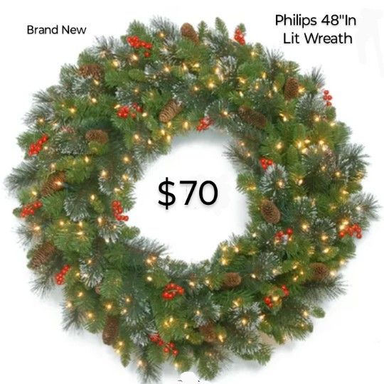 Brand New Phillips 48" In LIT WREATH / 100 Warm White  LED Lights Indoor Or Outdoor 
