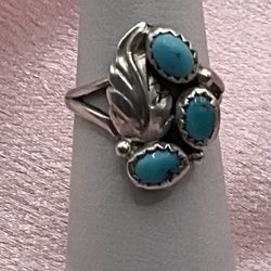 Sterling Silver & Turquoise Navajo Size 4.5 Ring Stamped J