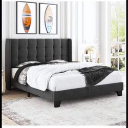 New in box Queen Size Platform Bed Frame with Wingback / Fabric Upholstered Square Stitched Headboard and Wooden Slats / Mattress Foundation / Box Spr