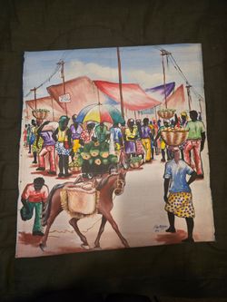 Vintage Bazoy Haitian Market Scene Oil Painting on Canvas