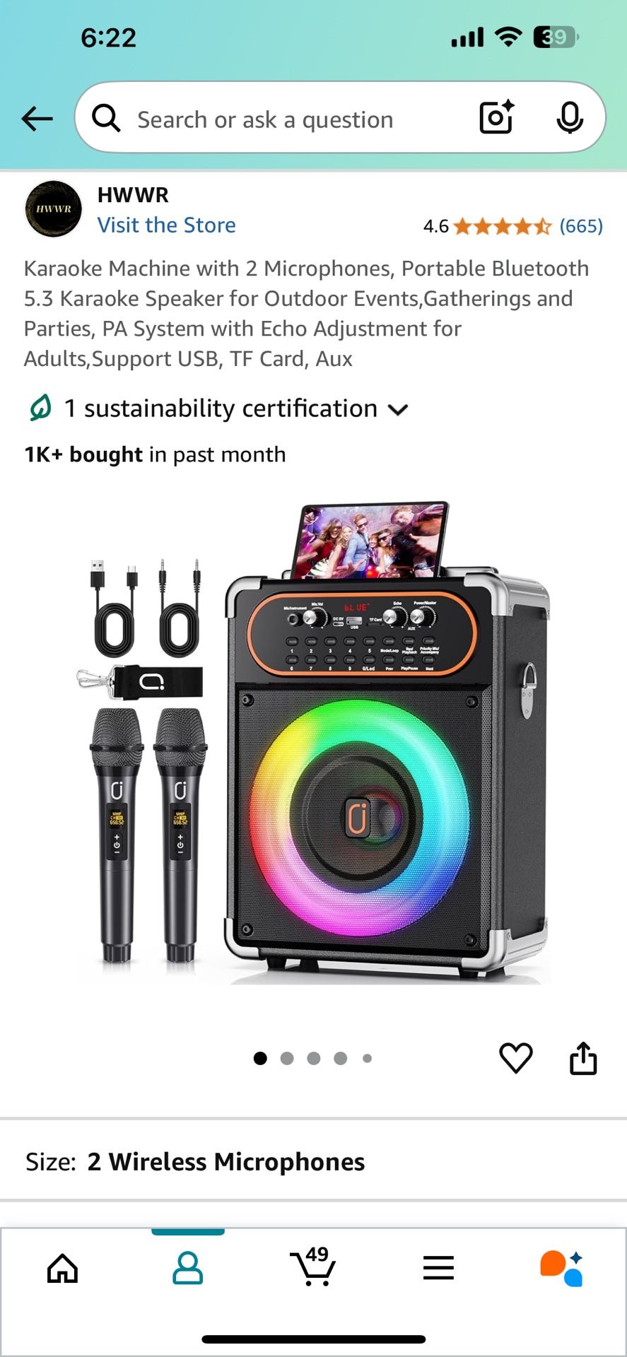 Karaoke Machine +2 Microphones Portable Bluetooth 5.3 Speaker PA Echo Adjustment