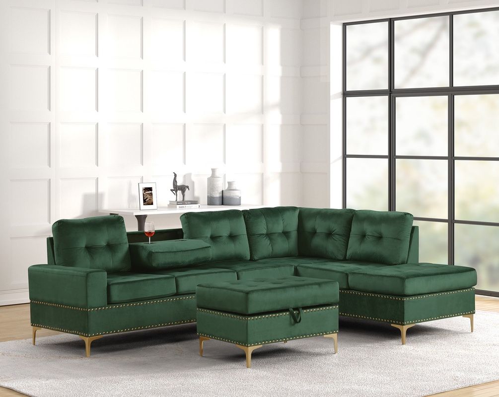 New Green Sectional with Gold Legs With Cup Holder And Free Ottoman Finance available $54 down pmt
