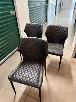 Set of 3 Modern Quilted Black Dining Chairs- Faux Leather & Metal Legs