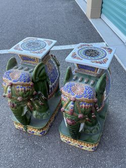 Set Of Two Chinese Ceramic Elephant Garden Stool Flower Pot Stand