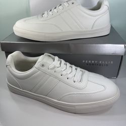 NEW PERRY ELLIS Men's Sneakers Lace-Up Low-Top Faux Leather Upper Shoes - White - size 10.5/ 13