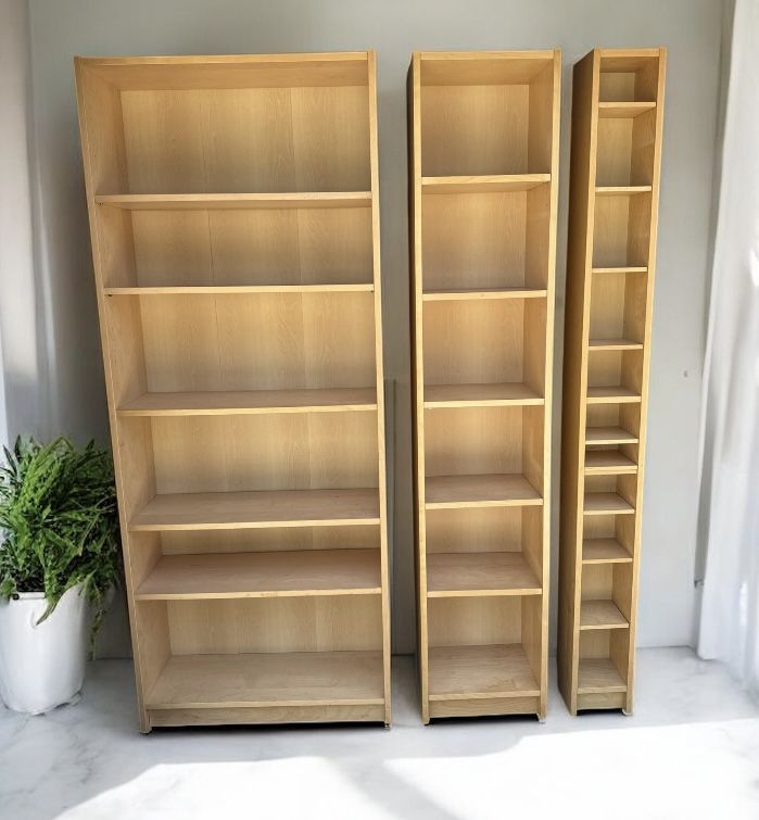 3 assorted Maple tall large 6-layer shelf bookcase $95, medium $65, thin tall 10 shelf bookcase $45