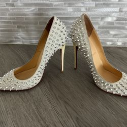 Christian Louboutin: Off-white Studded with Creamsicle Heel