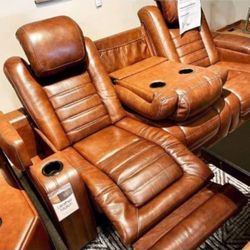 Brown Leather Sofa And Loveseat With Console Storage , Cup Holders, Flip Down Table, USB Port✅ Living Room Set 💥