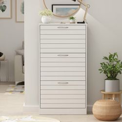 3-Drawer Shoe Storage Cabinet with Louver Doors, 3-Tier Freestanding Tipping Bucket Shoe Cabinet Shoe Rack Storage Organizer for Entryway, White (22.4