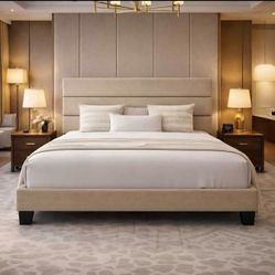 Queen Size Platform Bed Frame with Fabric Upholstered Headboard and Wooden Slats Support, Fully Upholstered Mattress Foundation/No Box Spring Needed/E