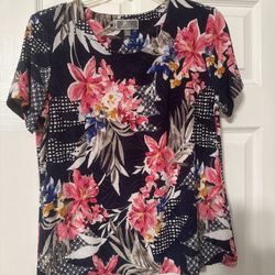 JM Collection Navy Floral Short Sleeve Top