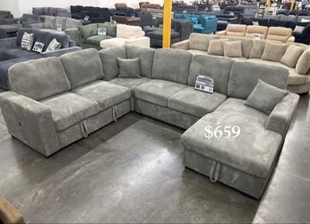 4-Pc Convertible Sectional Sofa With Double Storage, Pullout Bed, And USB Port 