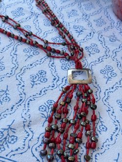 Jay King sterling red coral and dark pearl multi strand tassel necklace