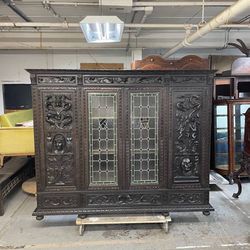 Huge Antique European Storage Cabinet, Leaded Glass Doors, Original - $7,000