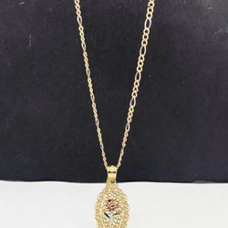 14k solid Gold fígaro three tone chain and rose pendant, necklance gold