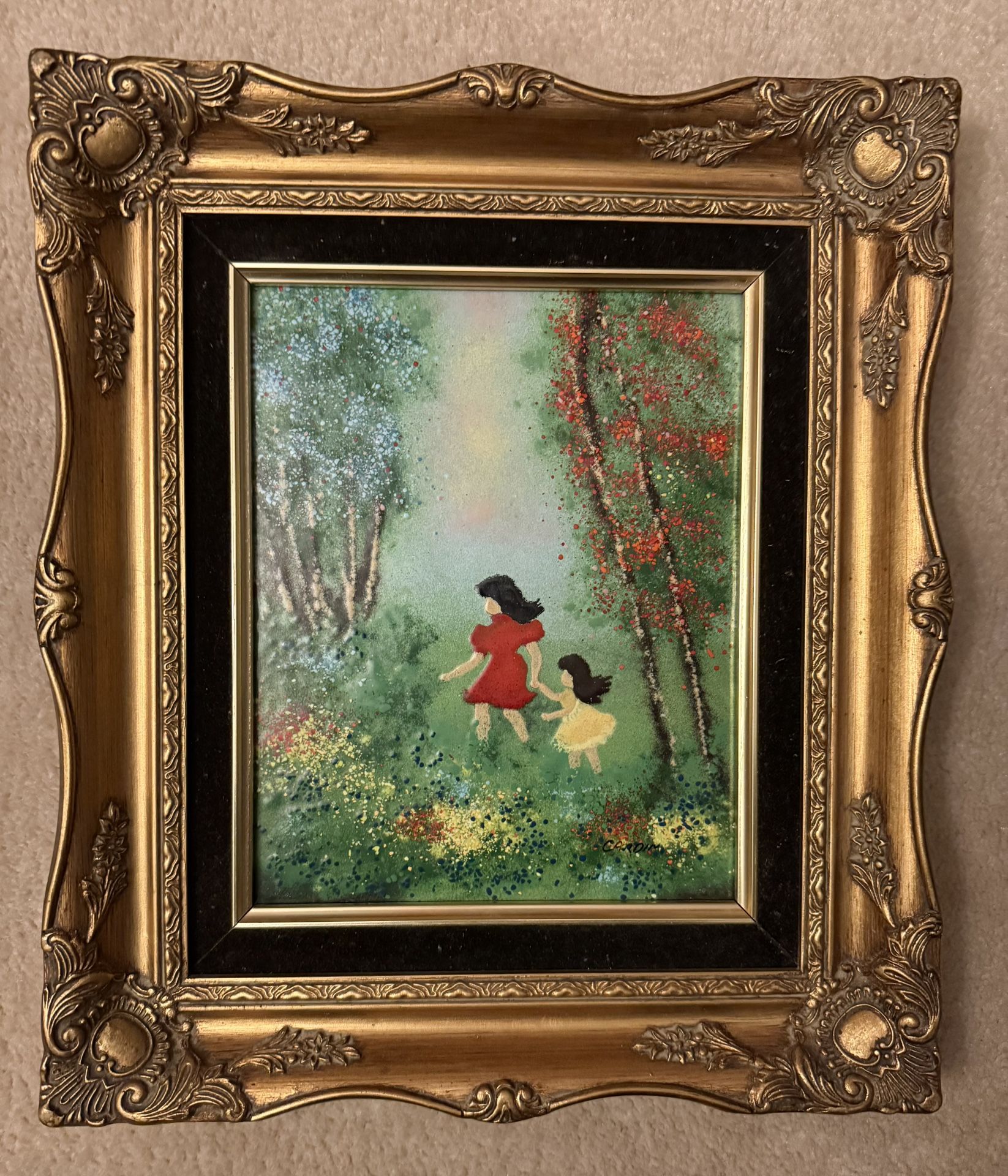 Vintage Original Framed Enamel on Copper Painting, signed by