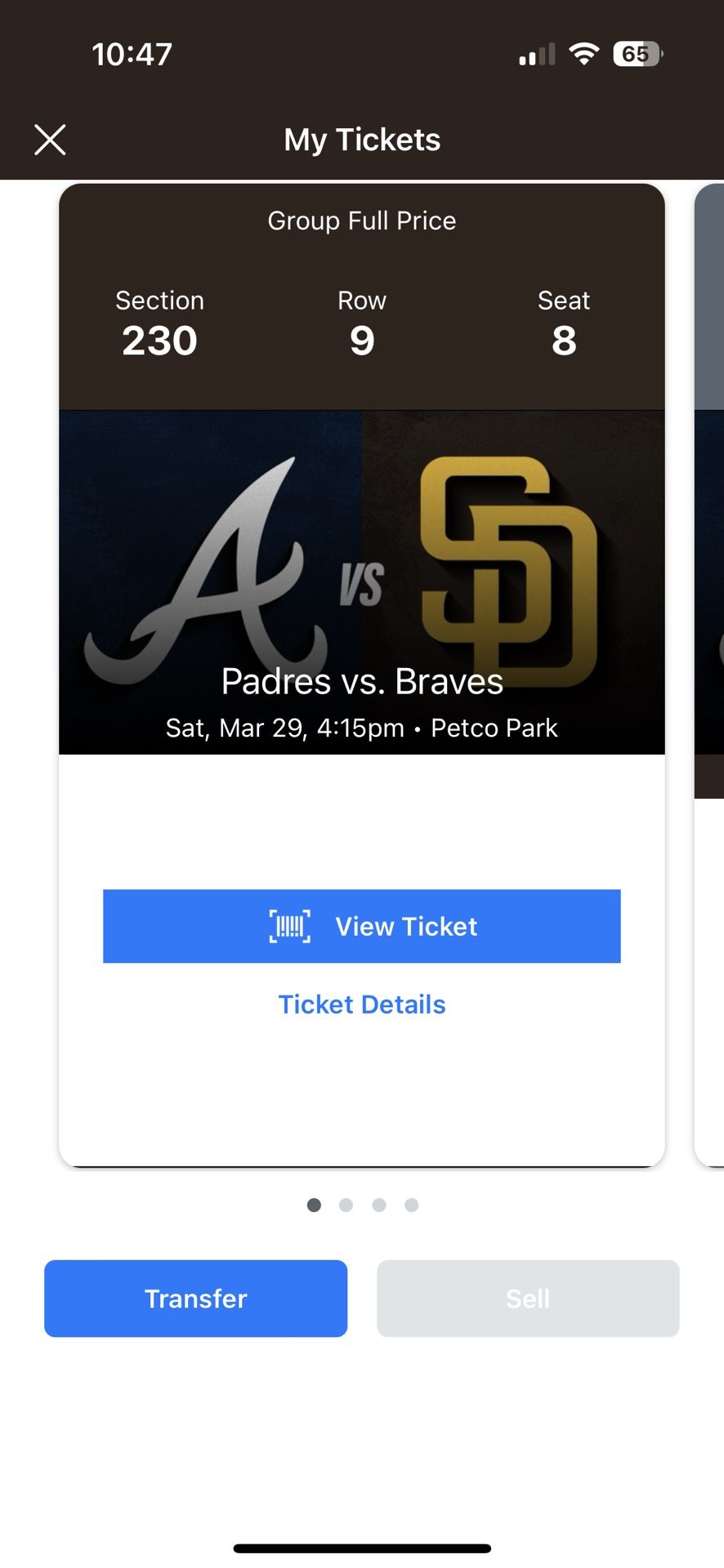 Padres Ticket Saturday 3/29