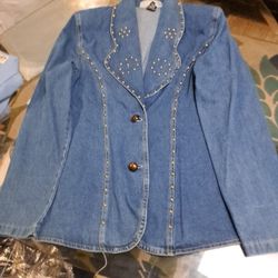 EASTER SALE - Denim Jacket With Gold Embossed Design On The Collar And Front Seam