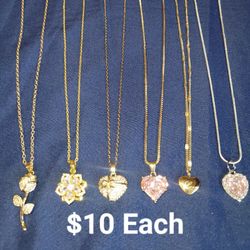 Necklace. Cadena. Gold Color. Silver Color. Rhinestones. Flower. Rose. Pink Heart. Fashion Jewelry 