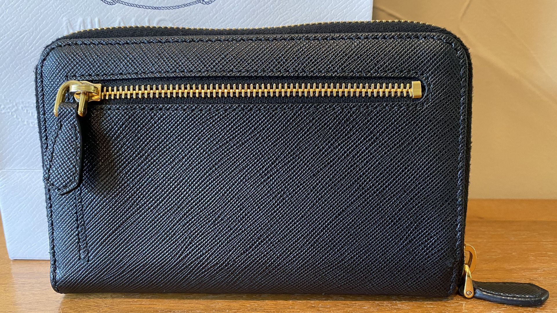 Prada Zip-Around Saffiano Leather Wallet Portafoglio Lampo (Black/Gold) for  Sale in Carrollton, TX - OfferUp
