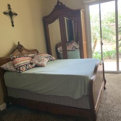 Antique Queen  Anne  Armoire and head board and footboard 