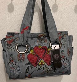 Ed Hardy blue denim tote bag with red hearts and 'LOVE' graphic $35.99