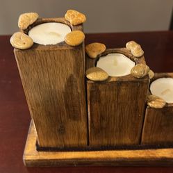 Wooden Triple TeaLight Candle Holder. 8” x 6”. Decorated with rocks 