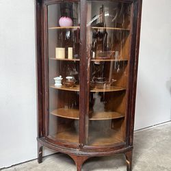 Antique Oak Corner Cabinet W/curved Glass