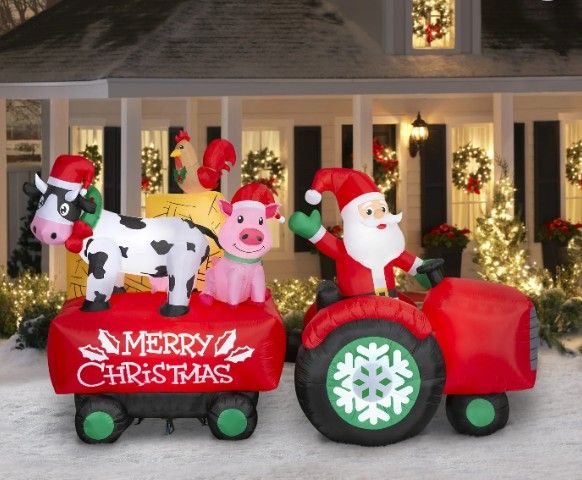 NEW IN BOX! 10-Foot Santa Driving Tractor & Farm Animals Christmas Inflatable
