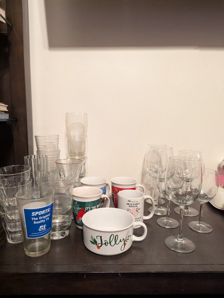Assorted Glass Cups, Wine Glasses & Ceramic Mugs